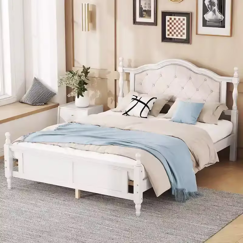 Queen Size Upholstered Bed with Headboard and Footboard, Featuring Dual Bed Rail Support Feet and Central Platform Support