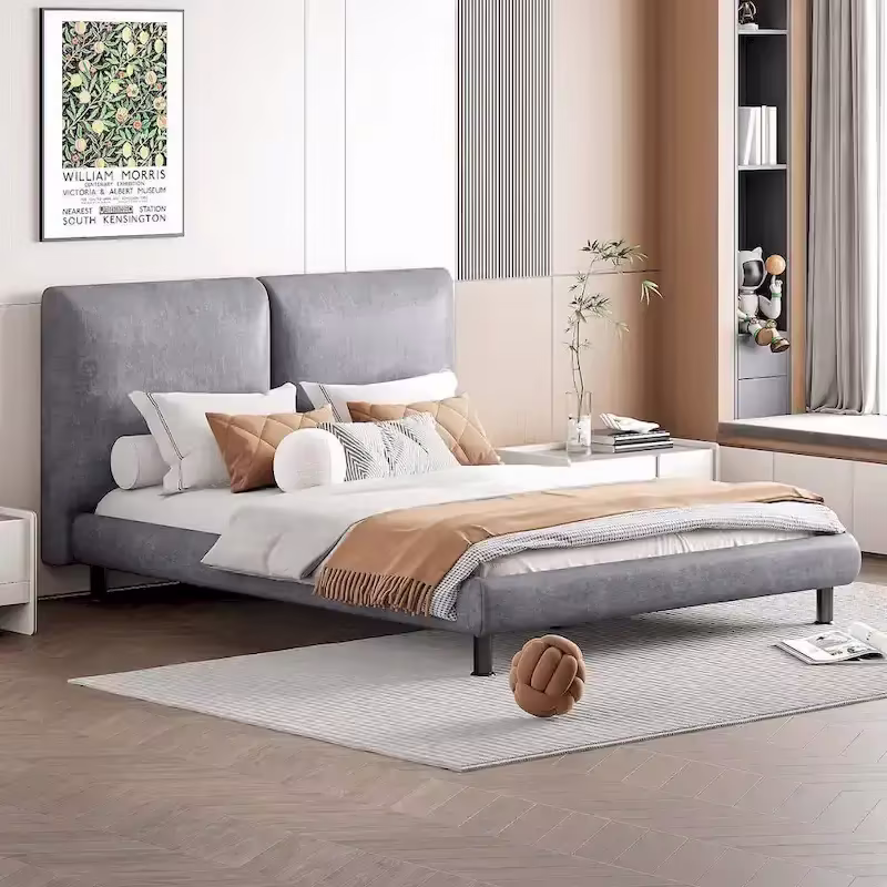 Queen-Sized Polyester Platform Bed Featuring Dual Oversized Headrests