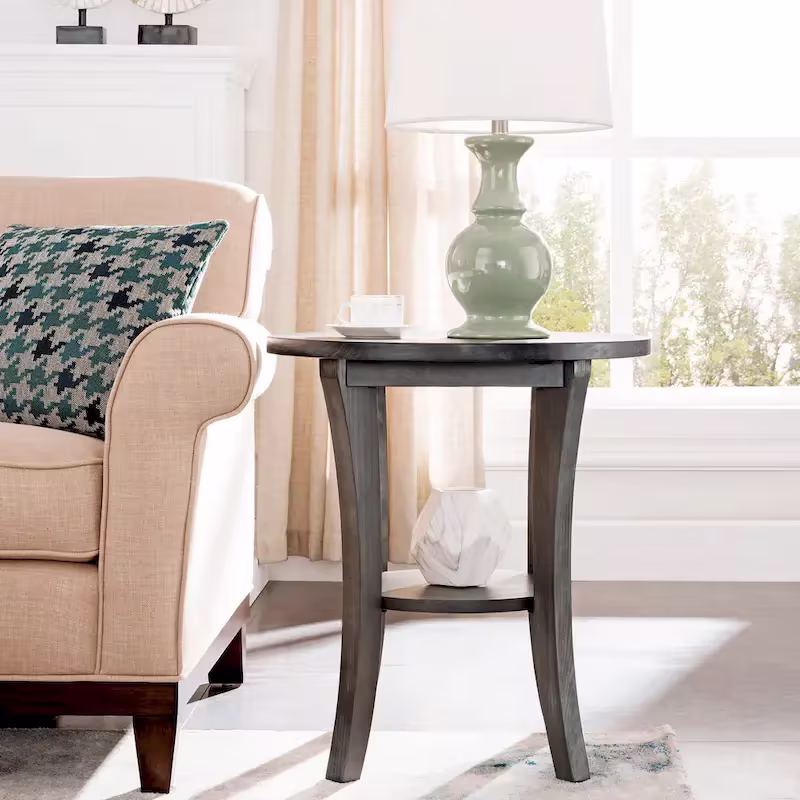 Round Side Table with Shelf and Solid Wood Construction