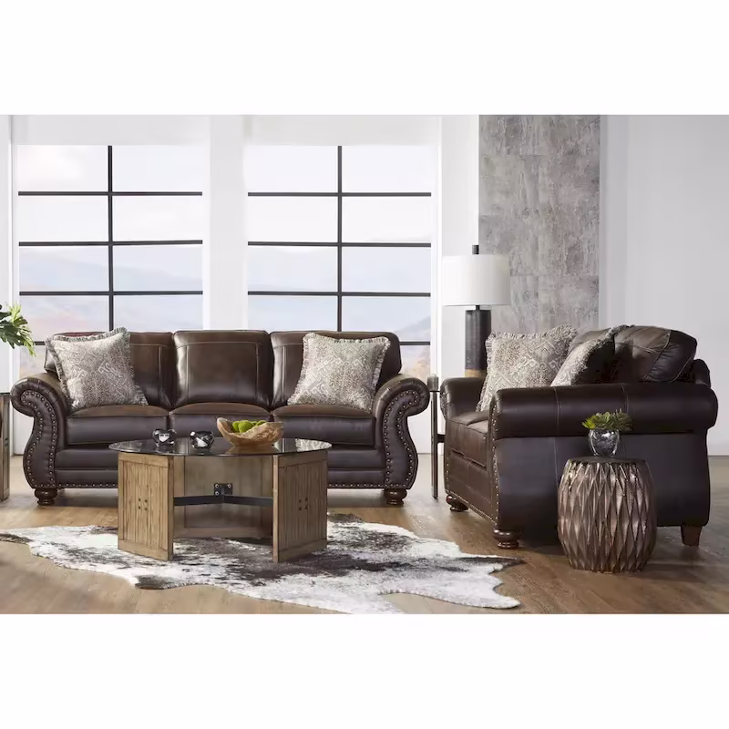 Roundhill Furniture Leinster Espresso Fabric Upholstered Sofa and Loveseat Set with Nailhead Trim