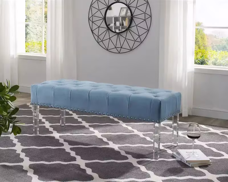 Roundhill Furniture Valley Velvet Upholstered Bench with Button Tufting and Acrylic Legs