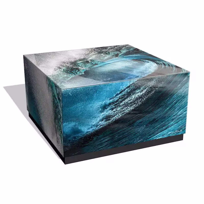 Sapphire Sea Beveled Art Glass Cocktail Table with Black Plinth Base - Reverse Printed Design