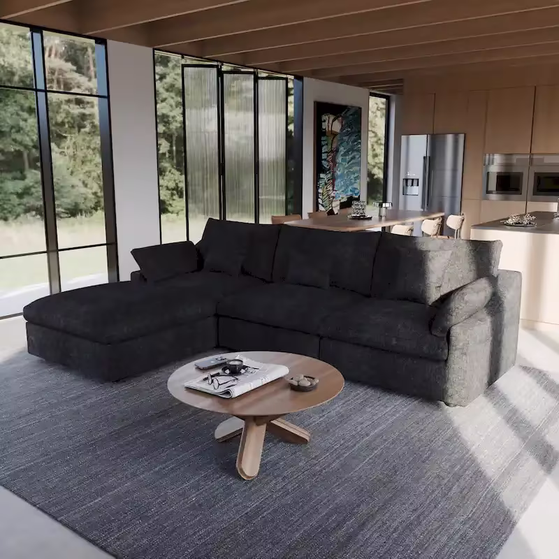 Sectional Couch with L-Shaped Design and Linen Upholstery, Featuring Multiple Cushions