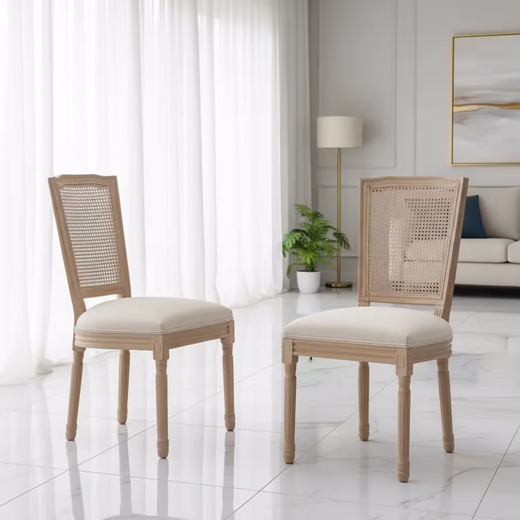 Set of 2 Antique Rattan-Back Dining Chairs with Solid Wood Frame