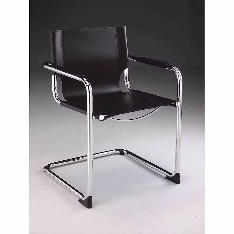 Set of 2 Black Leather Dining Chairs with Chrome Frames