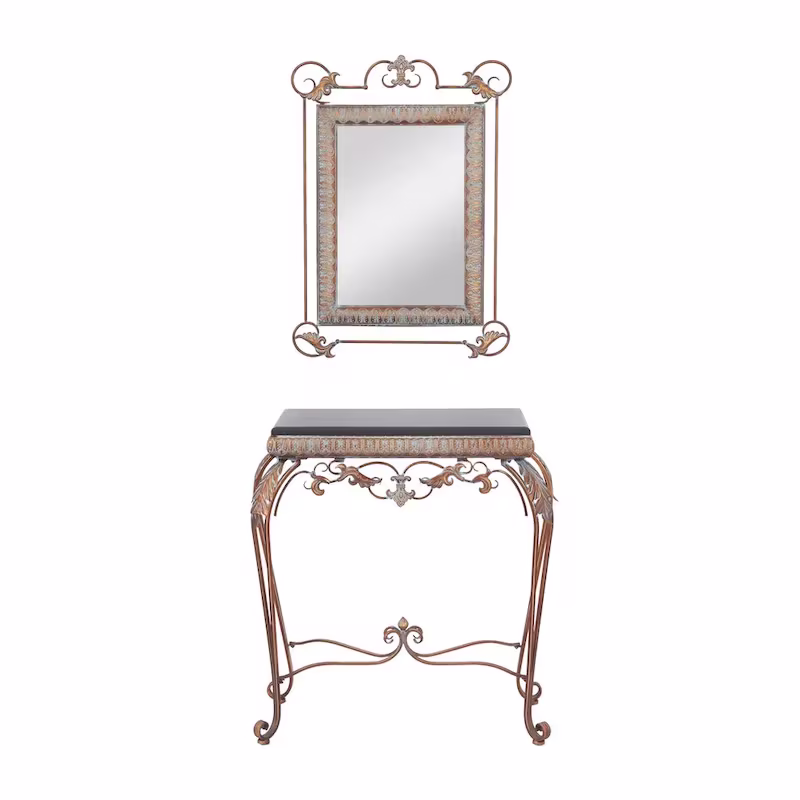 Set of 2 Bronze Metal Leaf Console Tables with Mirrors and Scrolled Legs - Roche River Decor - Dimensions: 1W x 23L x 32H
