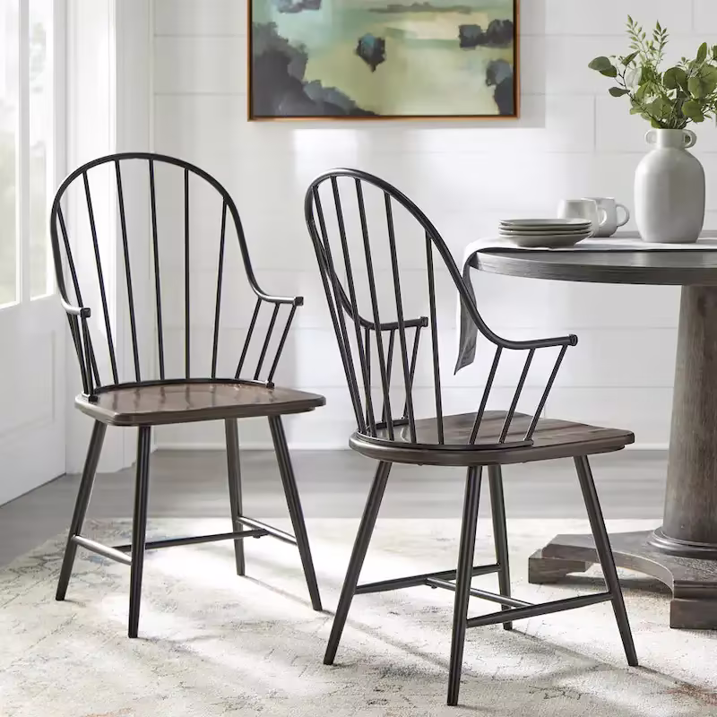 Set of 2 Farmhouse Spindle Arm Chairs Metal Frame with Wood Seat