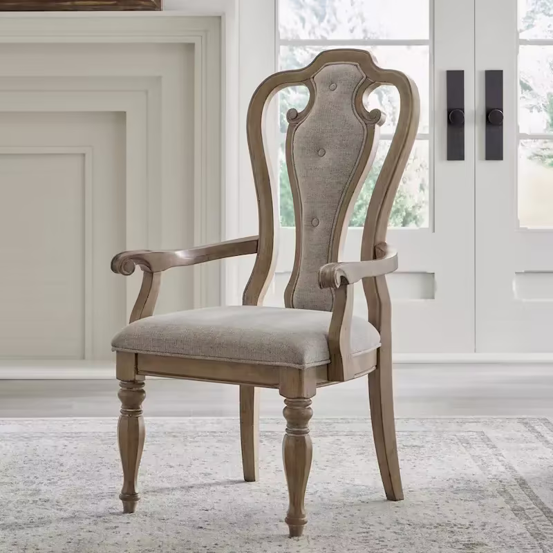 Set of 2 Magnolia Manor Weathered Bisque Upholstered Arm Chairs with Splat Back Design