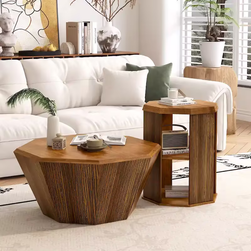 Set of 2 Octagonal Rubber Wood Coffee Tables - 31.5 Inches