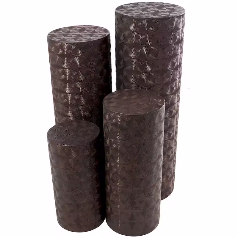 Set of 4 Brown Metal Abstract Tall Slim Pedestal Tables with Grooved Shell or Hammered Finish - Roche River Decor