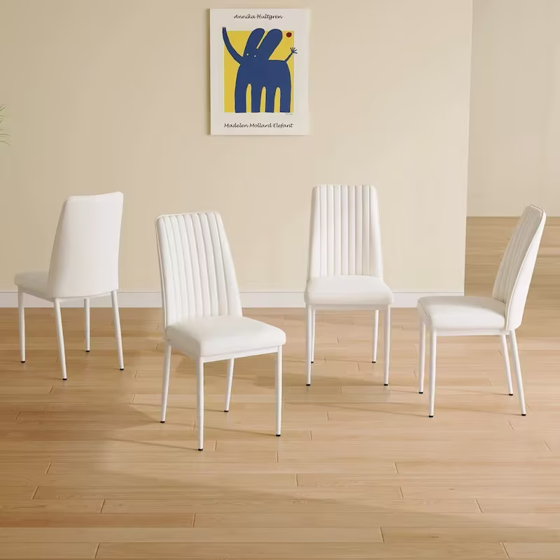Set of 4 Modern Leather Upholstered Dining Chairs with Vertical Striped Backrest and Metal Legs