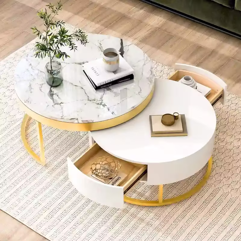 GEITIN Contemporary Round Nesting Coffee Table with Storage Drawers