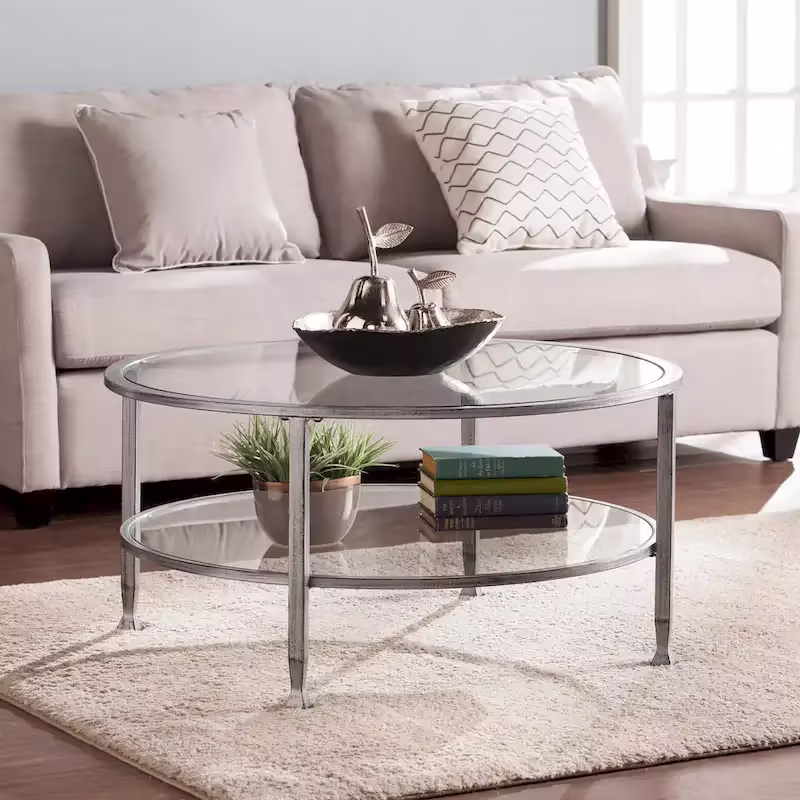 Glenn Distressed Silver Round Coffee Table with Glass Top and Shelf by SEI Furniture
