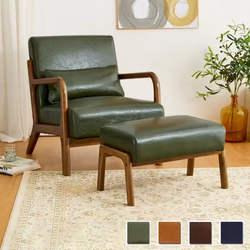 Glitzhome 30.75-Inch Mid-Century PU Leather Armchair and Ottoman Set