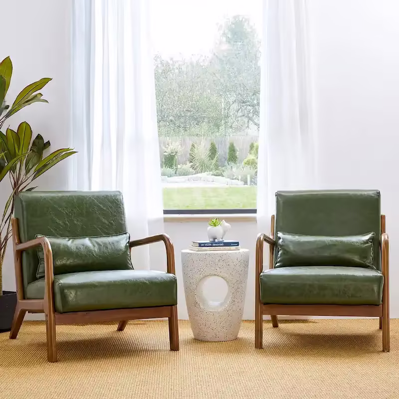 Glitzhome Set of 2 Mid-Century Modern PU Leather Accent Chairs - 30.75H with Cushions (25.75W x 33.75D)