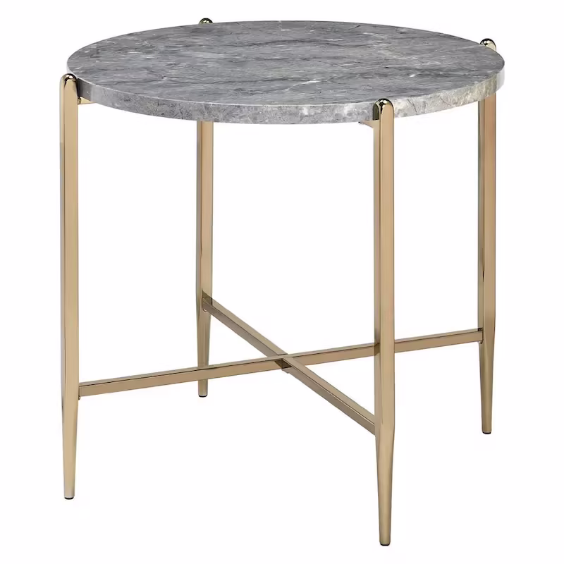 Gray and Gold End Table with Oval Marble Top and X-Shaped Base