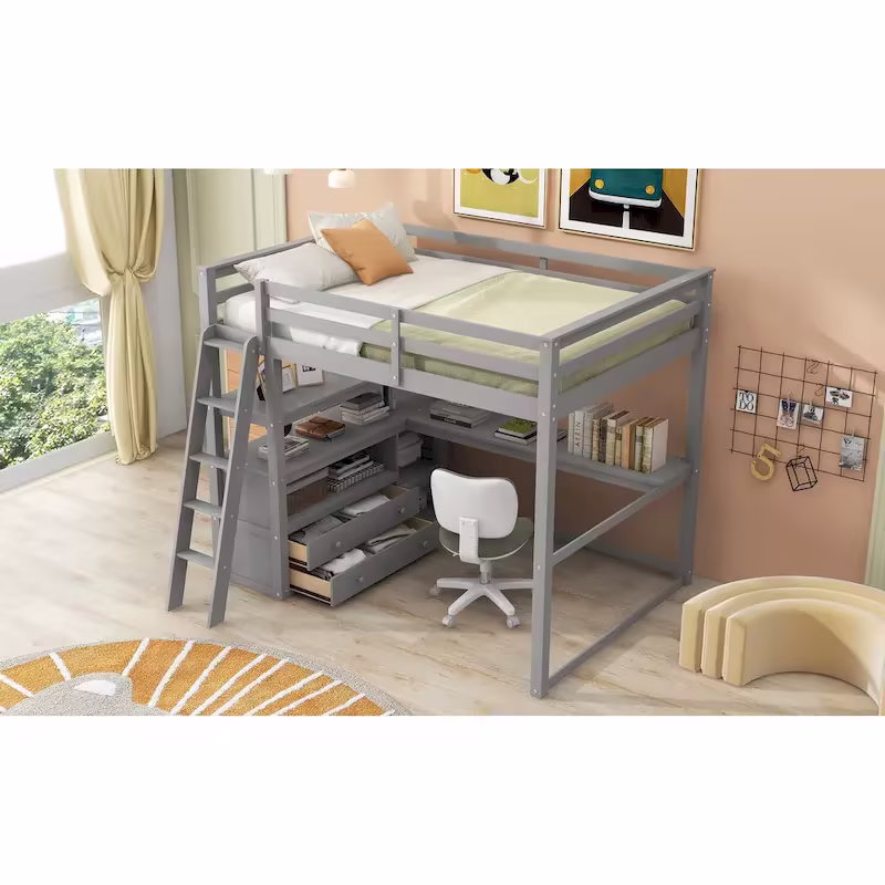 Gray Full-Size Loft Bed with Desk, Shelves, and Two Built-In Drawers