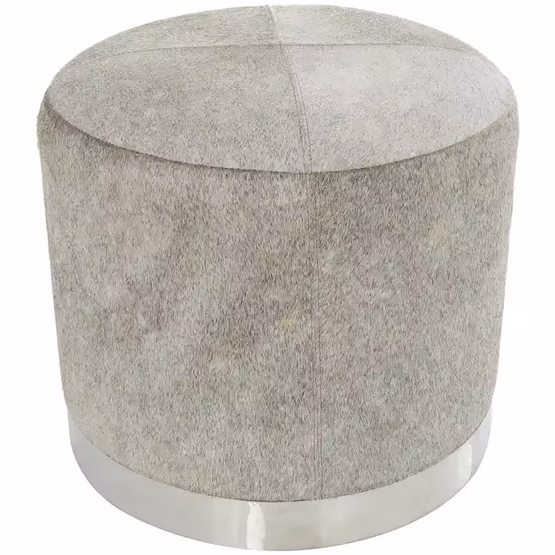Gray Leather Patchwork Living Room Stool with Silver Metal Base - Roche River Decor