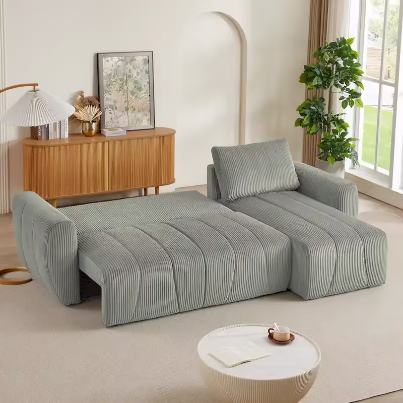 Grey 105.2" Corduroy L-Shaped Convertible Sleeper Sectional with Storage Compartment