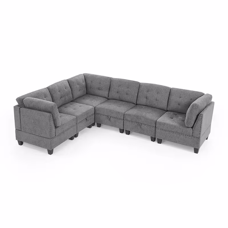 Grey Chenille L-Shaped Modular Sectional Sofa Set with Three Individual Chairs and Three Corner Pieces - Dimensions: 116W x 89.5D x 36.5H