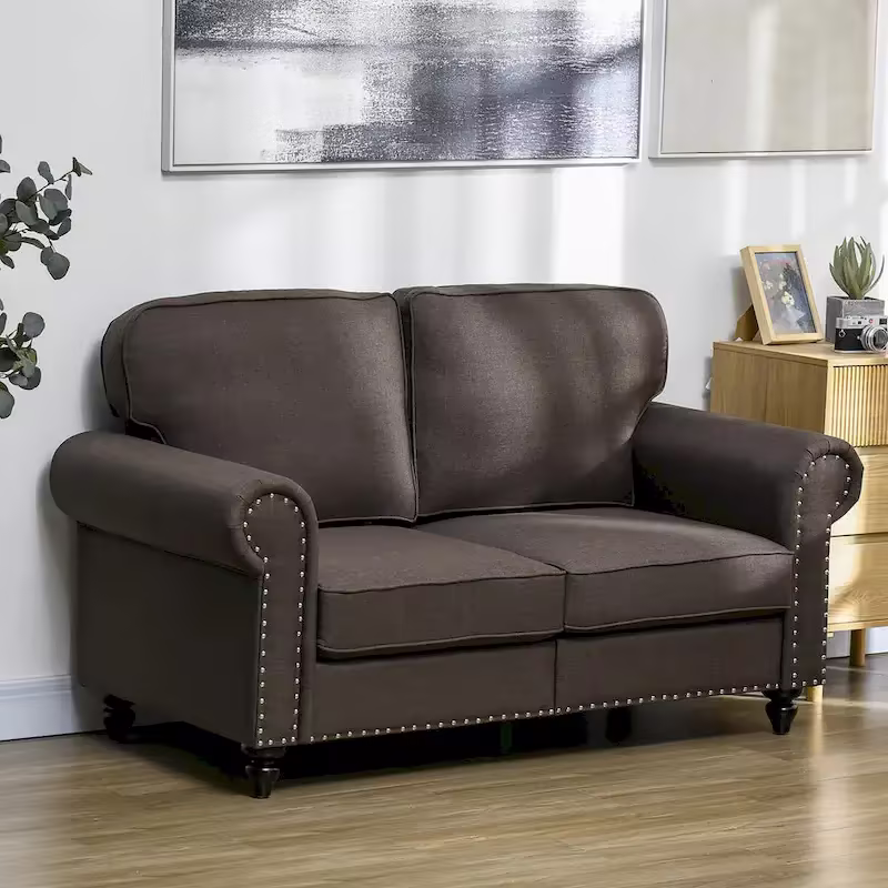 HOMCOM 61-Inch Mid-Century Modern Loveseat Sofa - Stylish 2-Seater Couch with Nailhead Trim and Rolled Arms, Upholstered in Fabric
