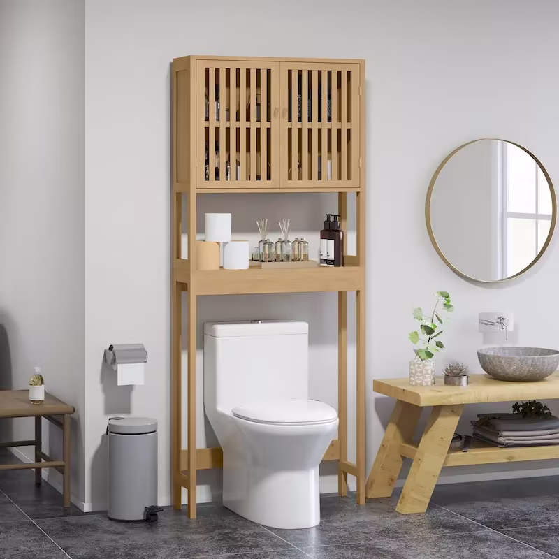 HOMCOM Bamboo Over-the-Toilet Storage Cabinet with Slatted Doors and Adjustable Shelf - Bathroom Organizer