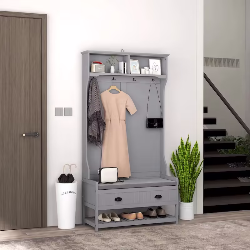 HOMCOM Gray Hall Tree Organizer with Coat Rack, 4 Hooks, 2 Drawers, and Padded Seat Cushions for Entryway