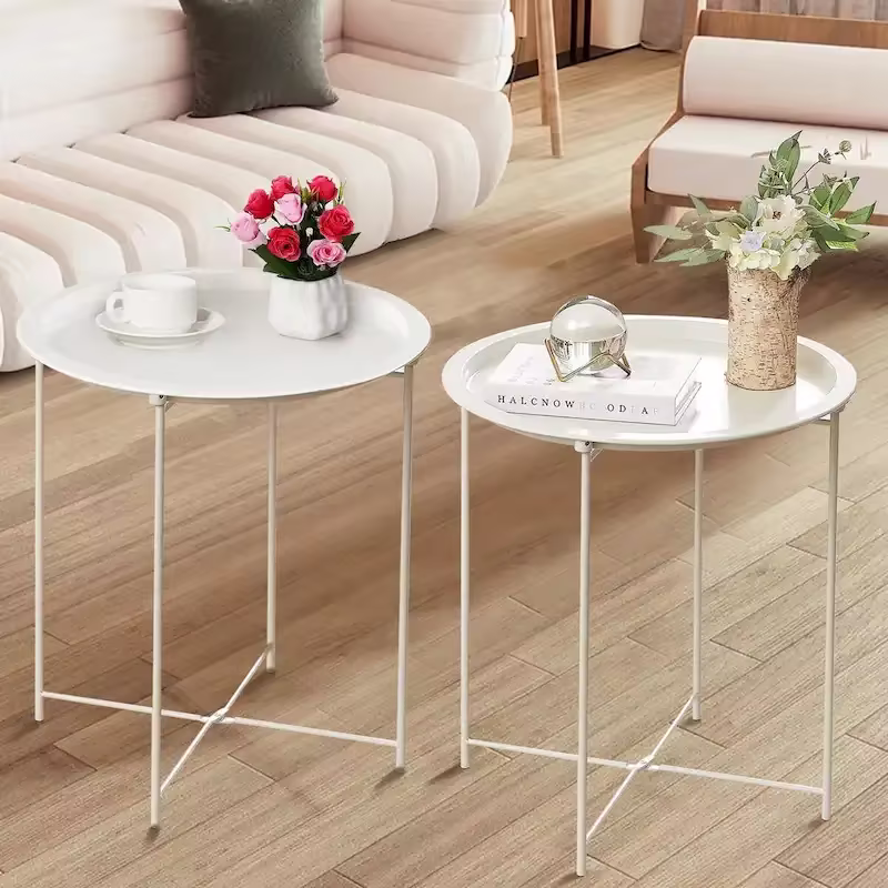Javlergo Set of 2 Folding Round Steel TV Tray Tables - Compact Side Tables, No Assembly Needed - Dimensions: 18.5 x 18.5 x 19.7 in