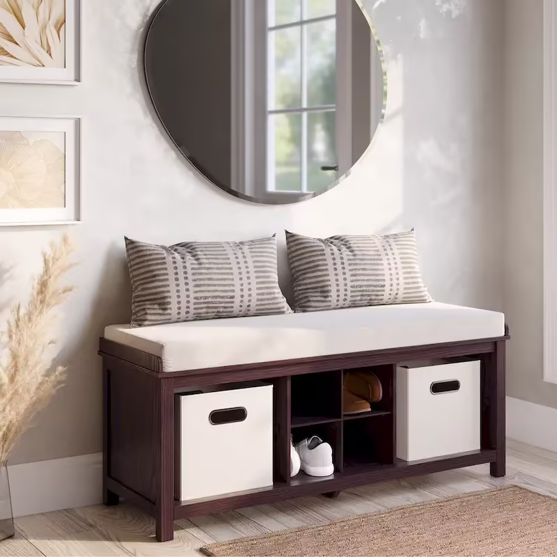 John Louis Home Espresso Solid Wood Entryway Bench with 4 Shoe Cubbies