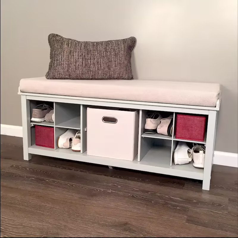 John Louis Home Grey Solid Wood Entryway Bench with Dual Shoe Storage and One Bin