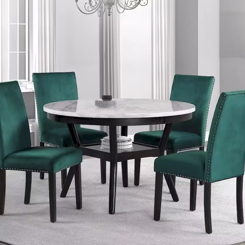 Kate 47-Inch Round Dining Table with Faux Marble Surface in White and Brown