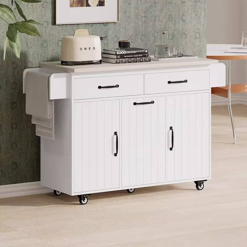 Kitchen Island with Built-In Trash Can Storage and Drop Leaf Cart