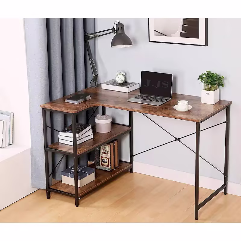 L Shaped Computer Desk with Bookshelf Storage for Home Office