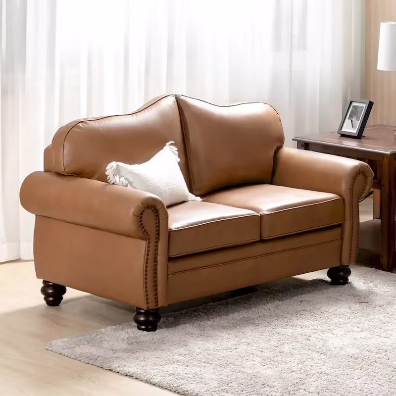 Leather Loveseat Sofa with Rolled Arms and Nailhead Trim