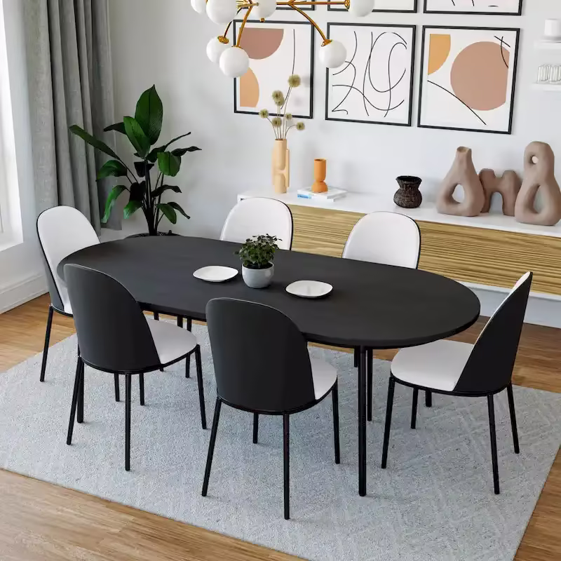 LeisureMod Tule Collection 7-Piece Black Steel Dining Set with 6 Chairs and Table