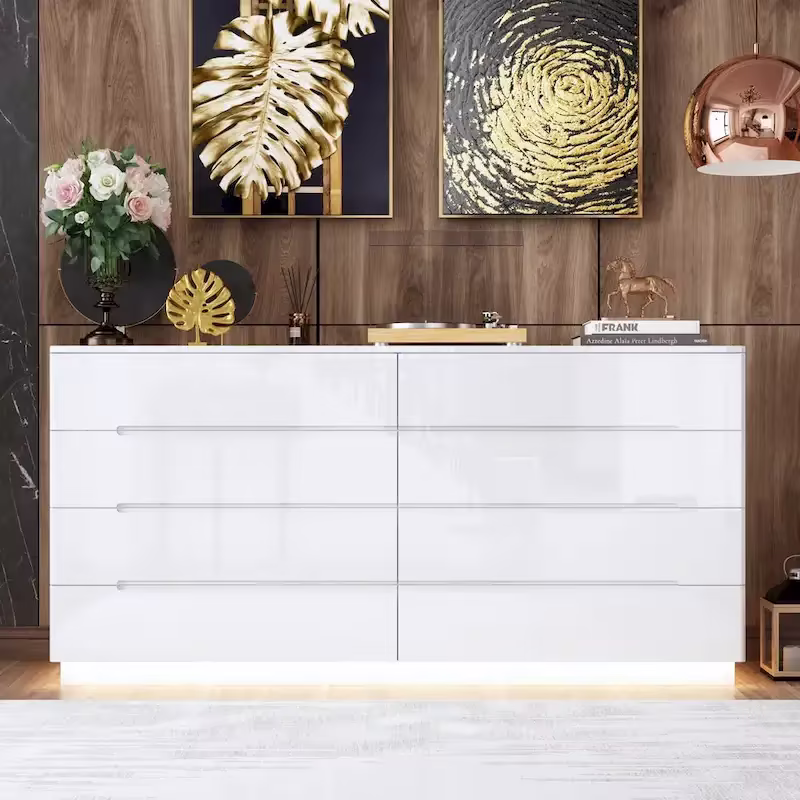 Light Dual Chest 8-Drawer Double Dresser with High Gloss Finish