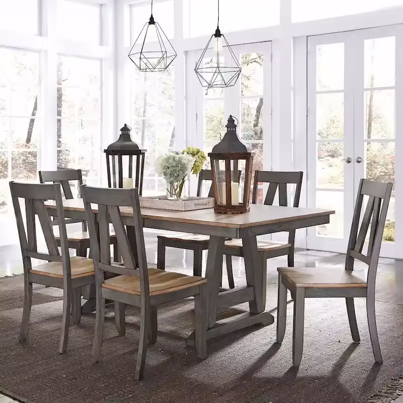 Lindsey Farm 7-Piece Trestle Table Set in Gray and Sandstone