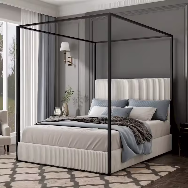 Metal Canopy Platform Bed with Vertical Stripe Upholstered Wingback Headboard - Four Poster, Low Profile Design