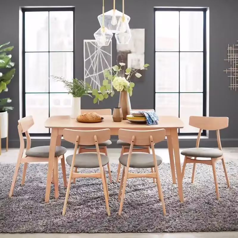 Mid Century Dining Table Set with 6 Upholstered Chairs and Wooden Frame