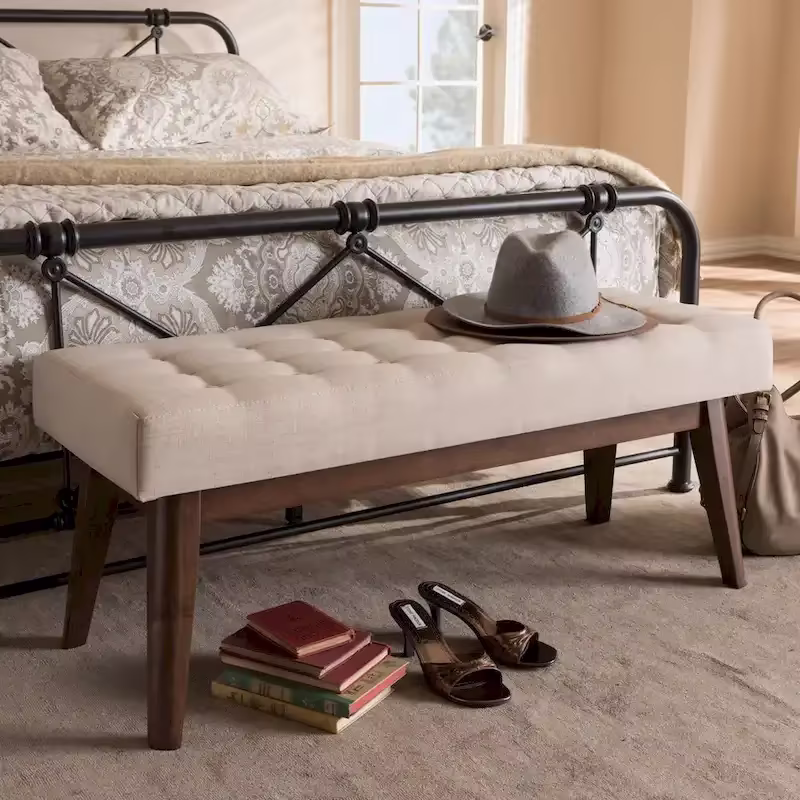 Mid Century Upholstered Bench with Tufted Seat and Wooden Legs