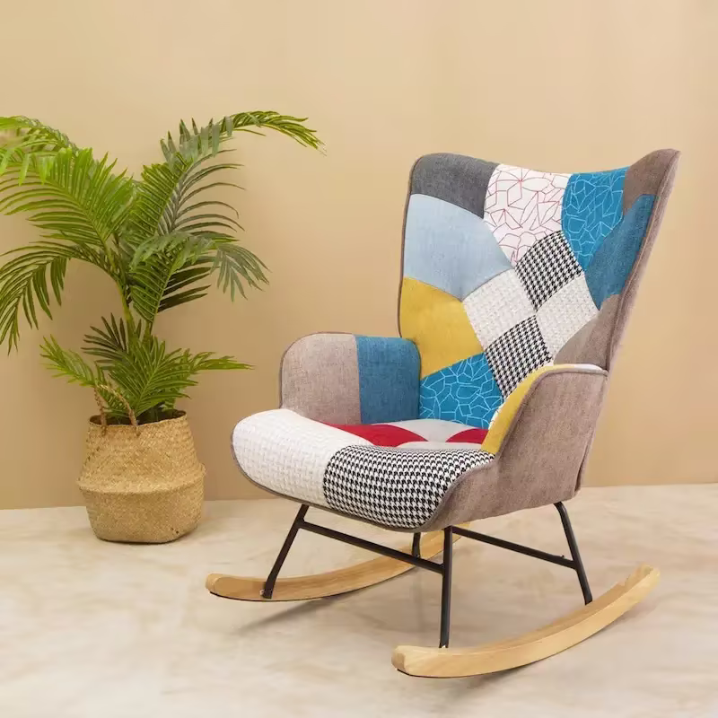 Mid-Century Patchwork Linen Rocking Chair with Wooden Legs