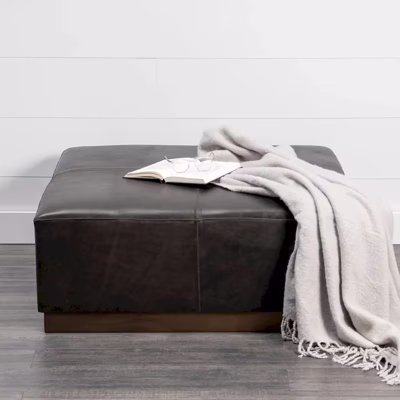 Minara Black Genuine Leather Ottoman with Gold Metal Base - 36-Inch Square