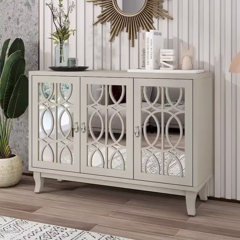 Mirrored Buffet Cabinet with Glass Doors and Silver Handles - 3-Door Sideboard for Living Room, Hallway, and Dining Room