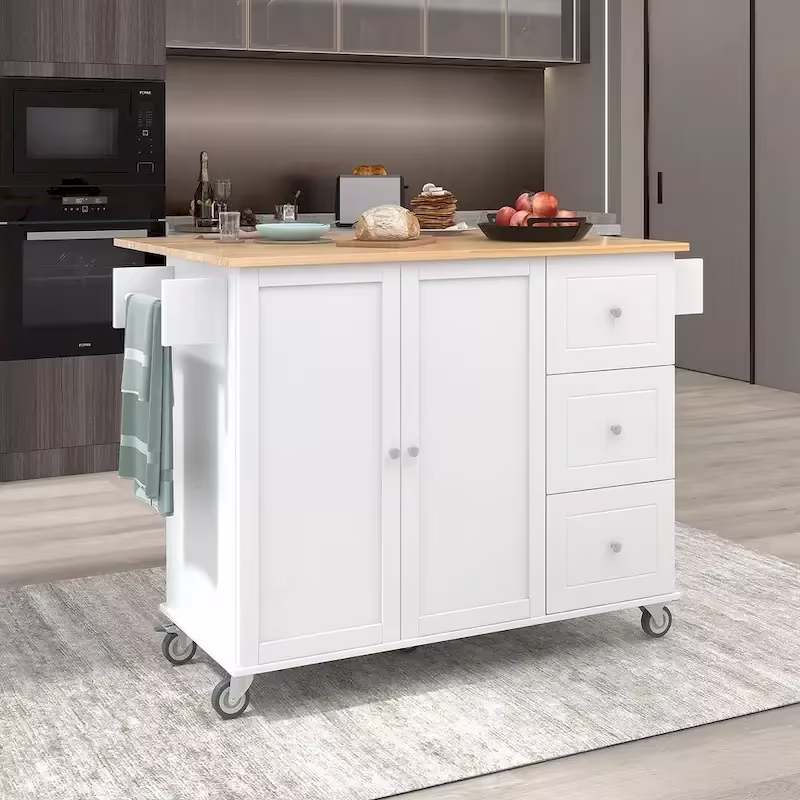 Mobile Kitchen Island on Wheels with Drop Leaf and Solid Wood Top