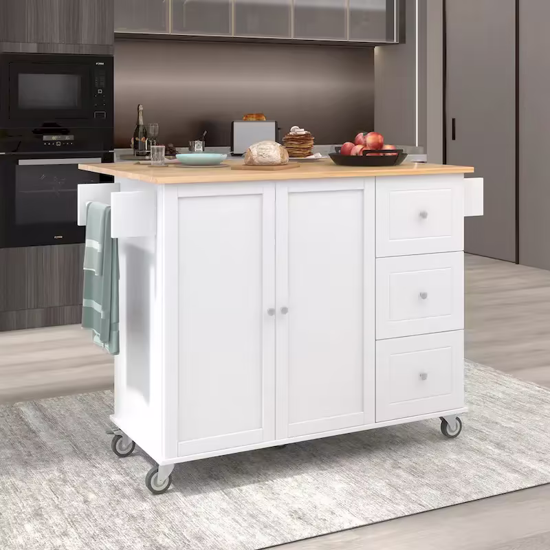 Mobile Kitchen Island on Wheels with Solid Wood Top and Locking Casters