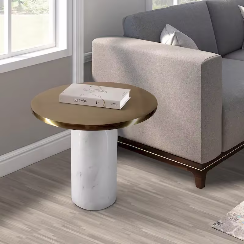 Modern 17-Inch Round Brass Accent End Table with Cylindrical Marble Base in Brass and White