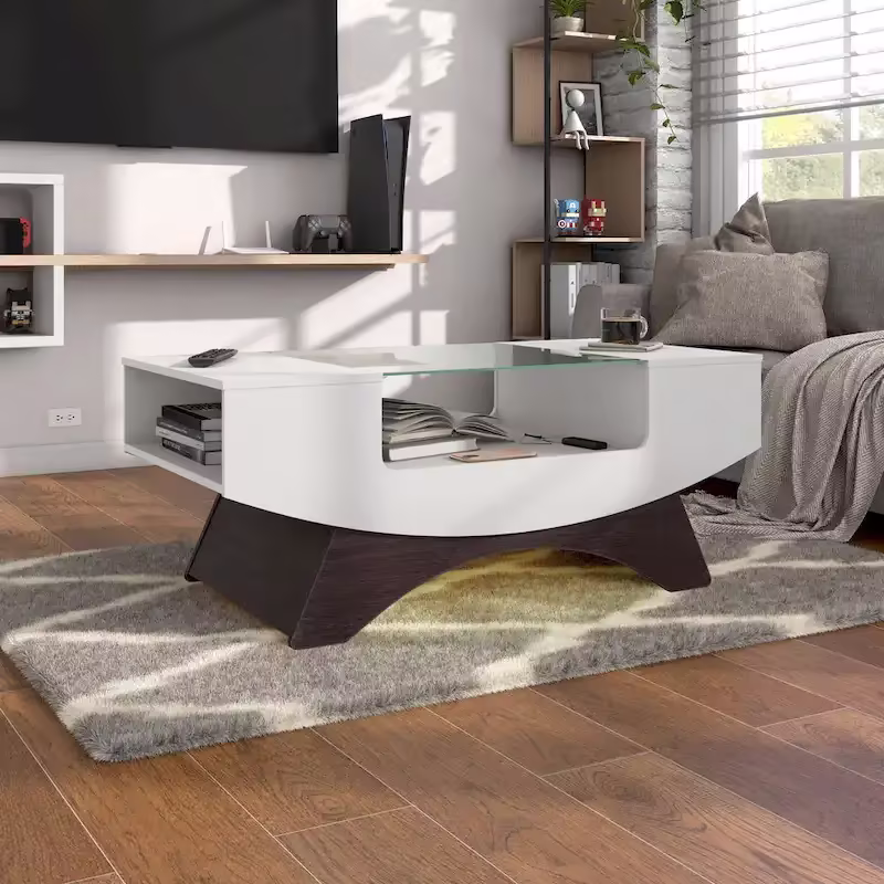 Modern Coffee Table with Glass Top Storage Shelves and LED Lighting
