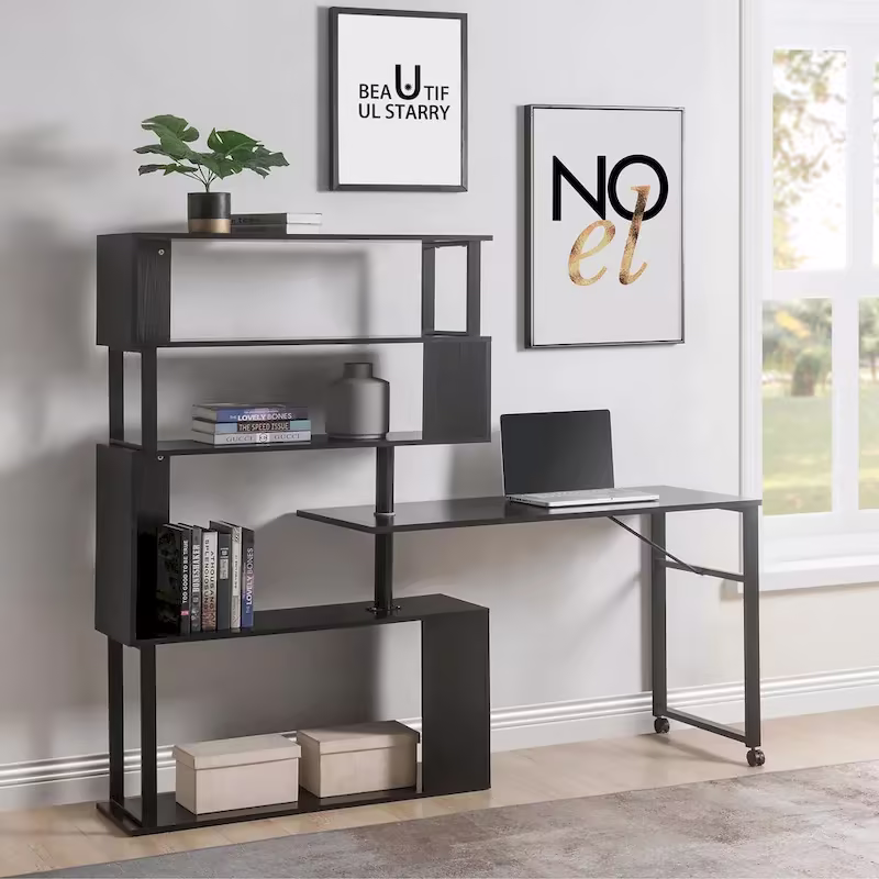 Modern Computer Desk with 5-Tier Shelves – Space-Saving Rotatable Workstation