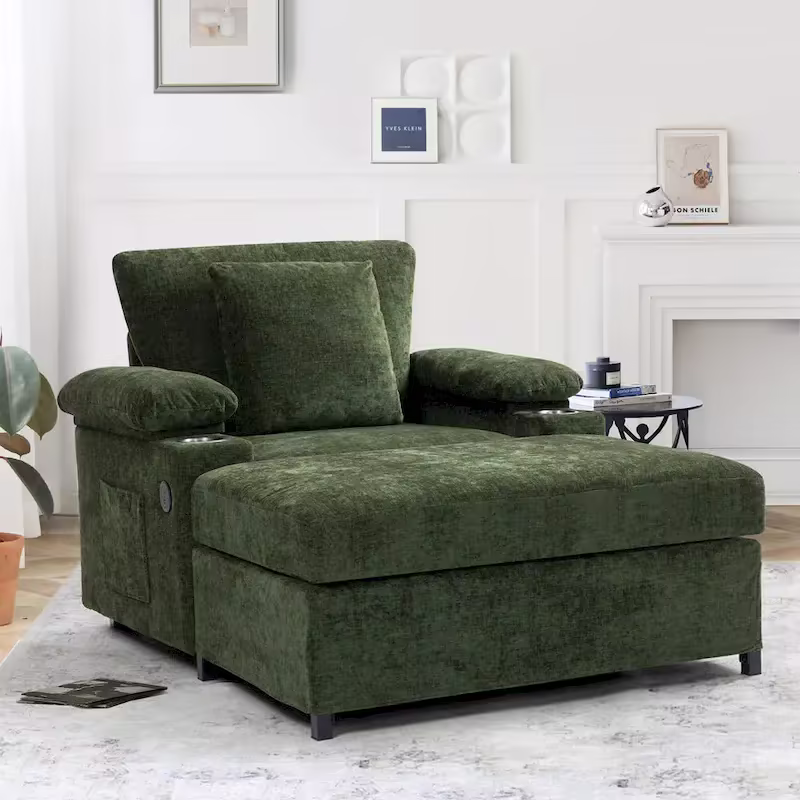 Chenille Oversized Chair Set with Ottoman and USB Charging Port