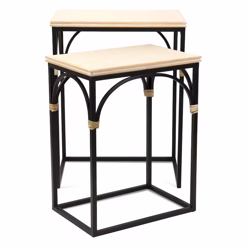 Claudette Set of 2 Rectangle Side Tables with Rattan Accents in Wood and Metal